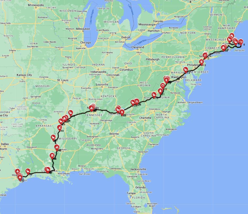 Motorhome route for RV roastrip from Boston to Houston